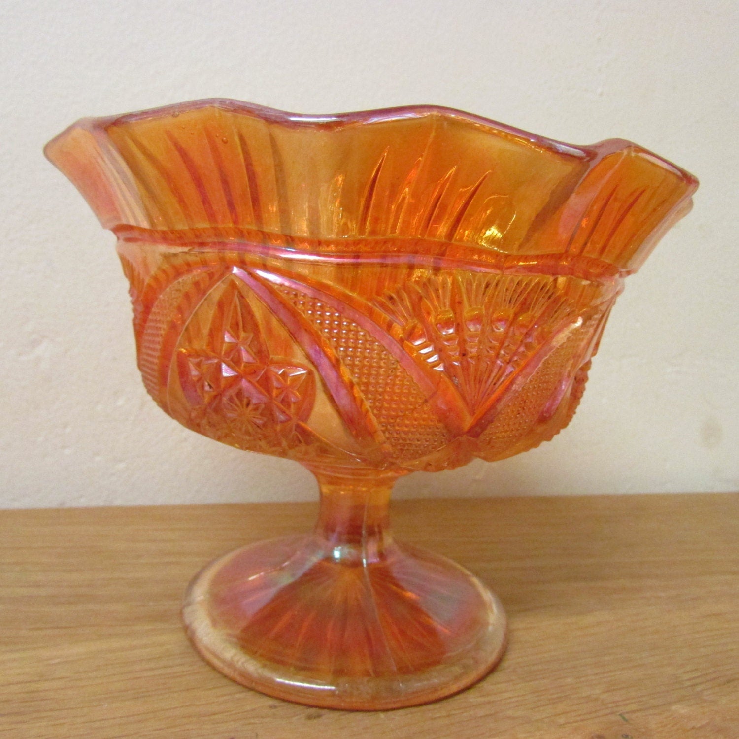Vintage Brockwitz Carnival Glass Curved Star ruffled open sugar bowl with Headdress interior, Marigold