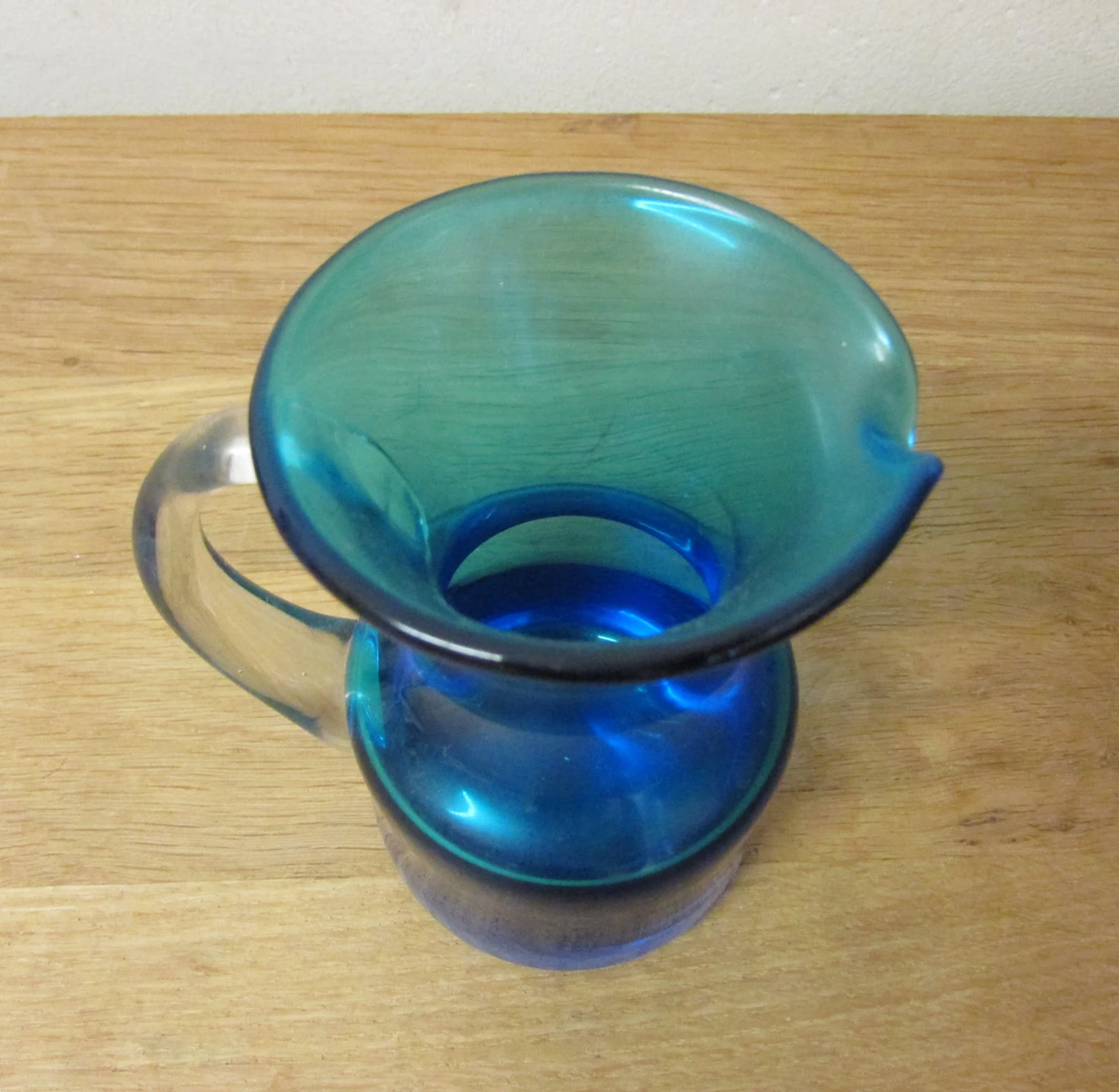 Mid-century Kingfisher blue small cased art glass table jug
