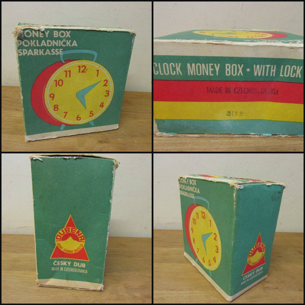 Vintage toy clock money box with lock & key, made in Czechoslovakia