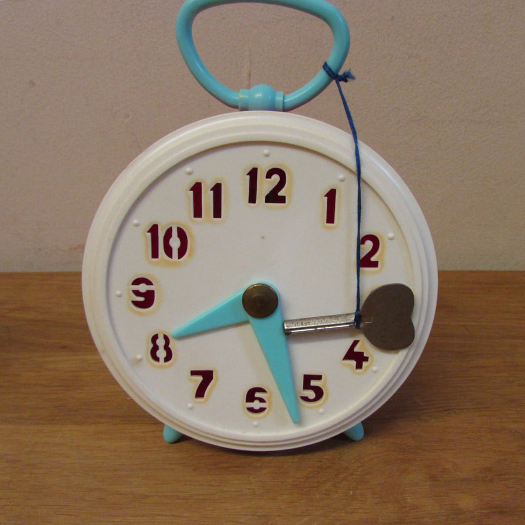 Vintage lockable toy clock money box with key, made in Czechoslovakia
