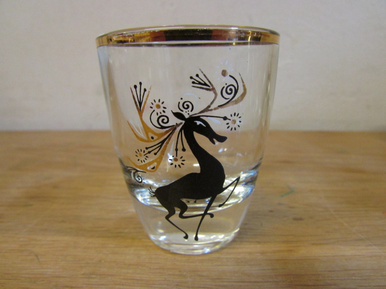 Set of 6 mid-century black & gilt reindeer shot glasses