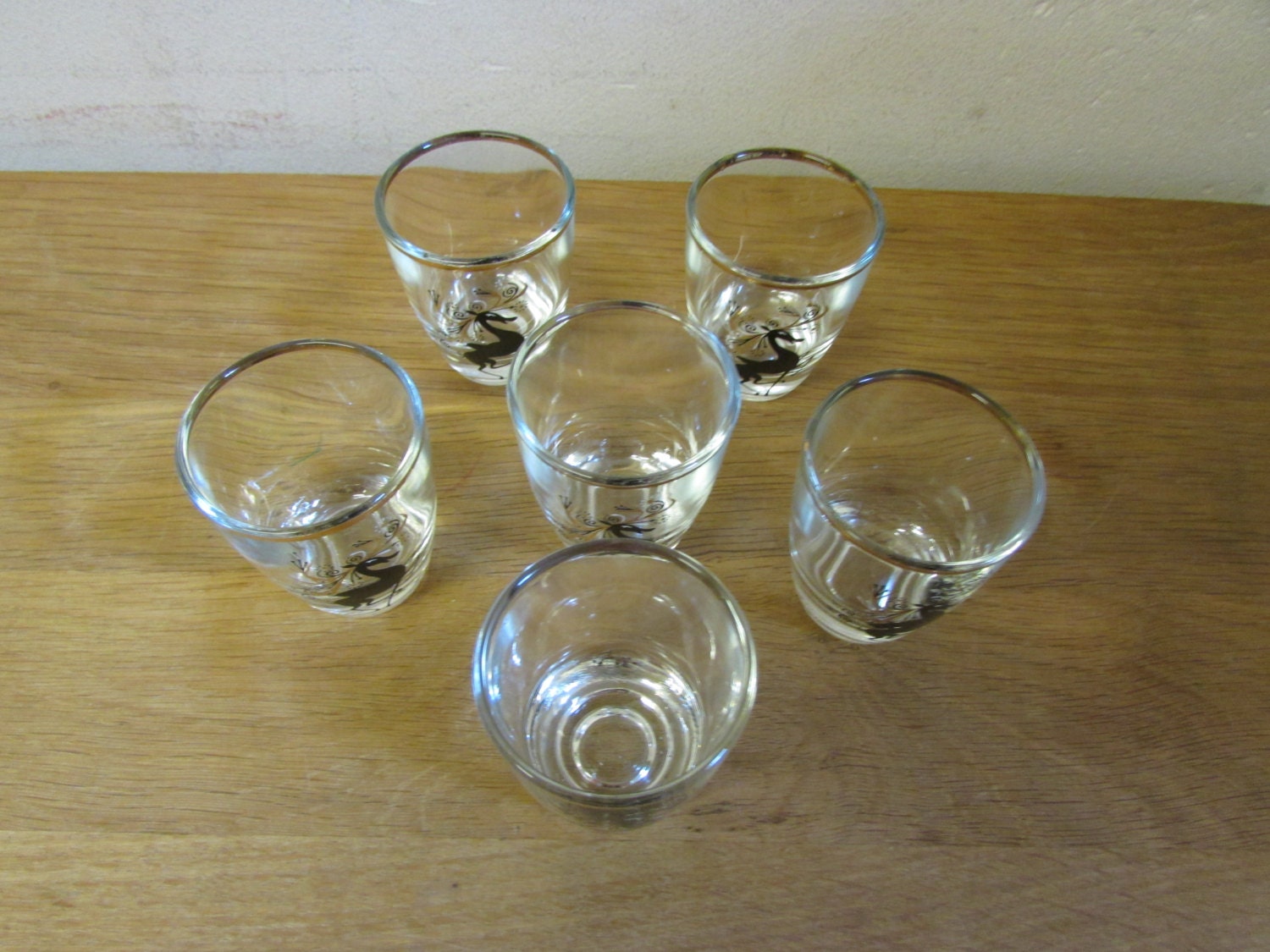 Set of 6 mid-century black & gilt reindeer shot glasses