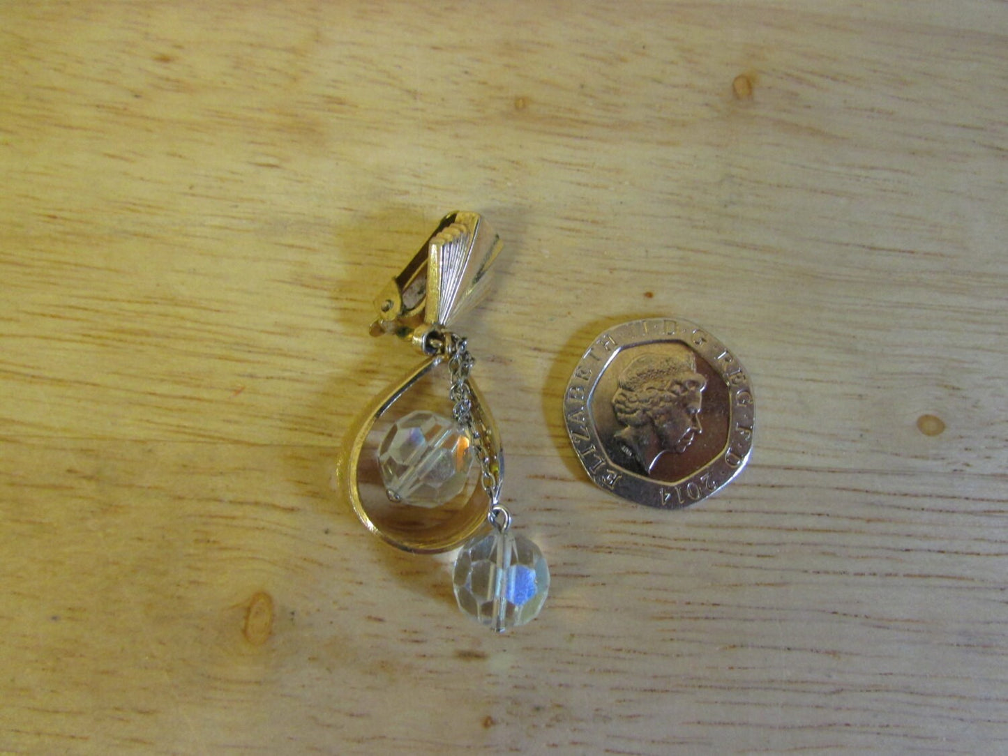 Vintage Art Deco-inspired gold-tone drop clip-on earrings with crystal bead droplets