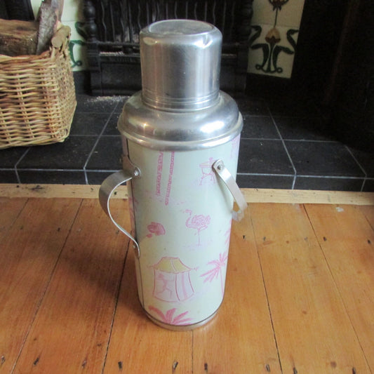 Vintage Two's Company pink flamingo/Miami-themed thermos flask, cork stopper