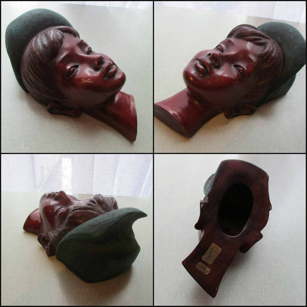 rare mid-century Achatit boy in cap/hat, child's head wall mask, made in Germany
