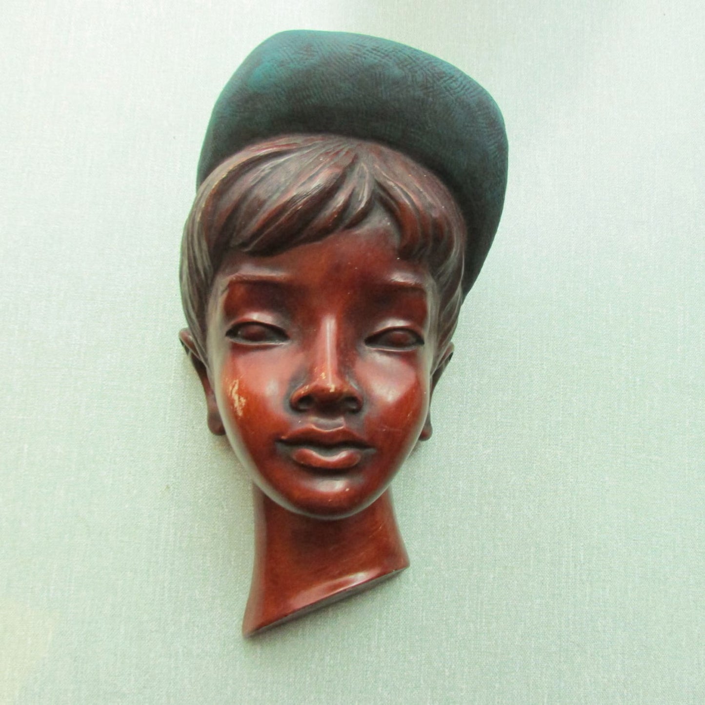 rare mid-century Achatit boy in cap/hat, child's head wall mask, made in Germany