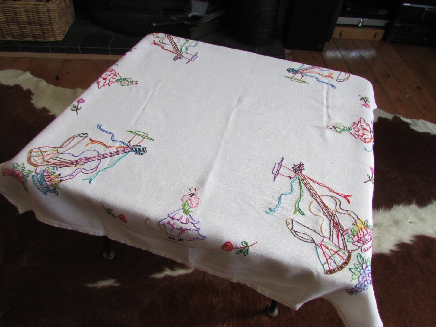 Vintage embroidered Spanish guitar & flamenco dancers tablecloth