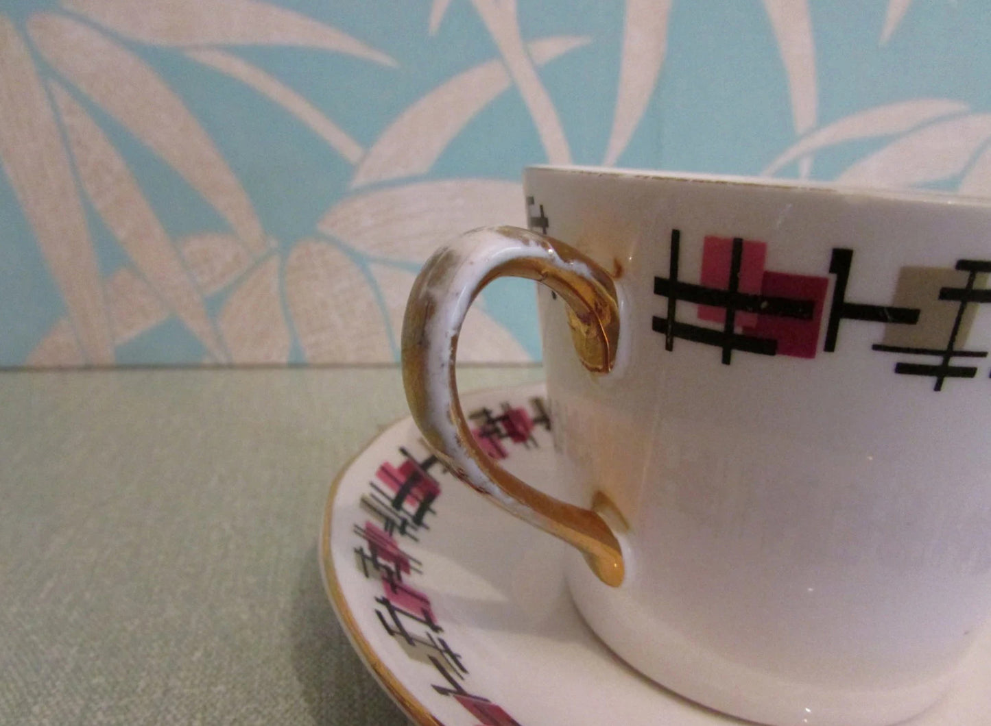 Mid-century Dorchester gilt-edged abstract pattern fine bone china trio