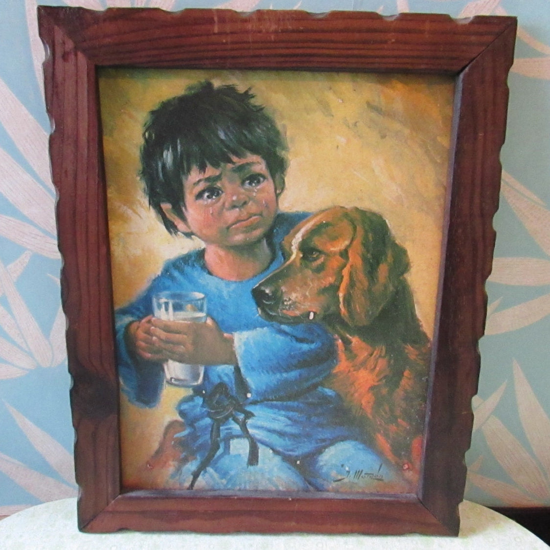Vintage framed print of Mexican boy with his dog, signed J Monzón