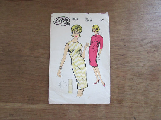 Part cut 1960s Le Roy 3059 sewing pattern for misses' dress & jacket, size 18 (complete)