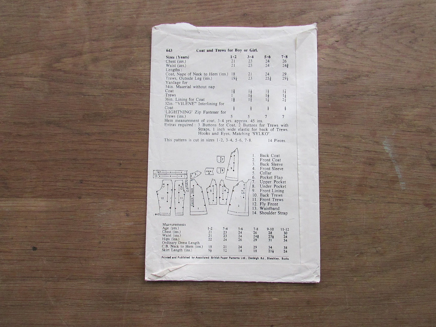 Used 1960s Le Roy 643 sewing pattern for coat & trews for boy or girl, size 3-4 years (complete)