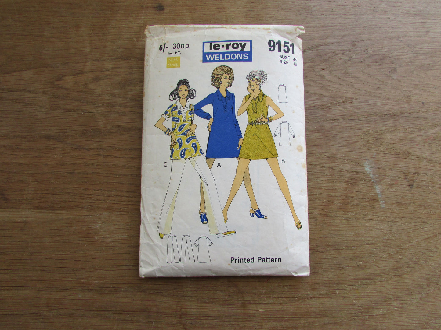 Part cut 1960s le roy Weldons 9151 sewing pattern for misses' shirt style dress & trousers, size 16 (complete)