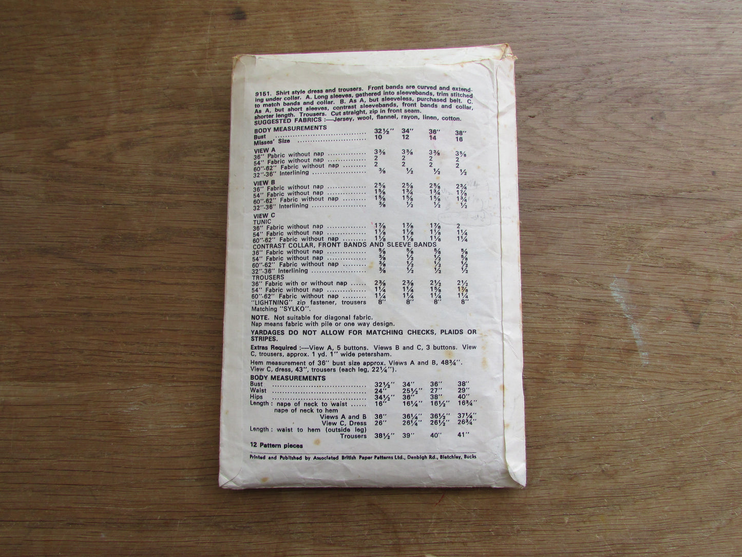 Part cut 1960s le roy Weldons 9151 sewing pattern for misses' shirt style dress & trousers, size 16 (complete)