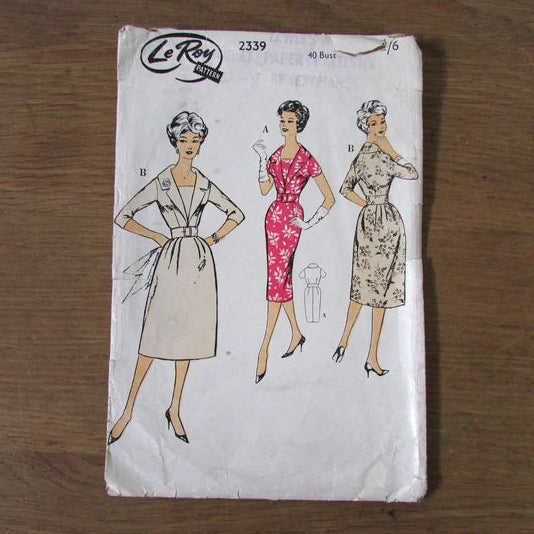Part cut 1950s le roy 2339 sewing pattern for dress with pleated or straight skirt, size 16 (complete)