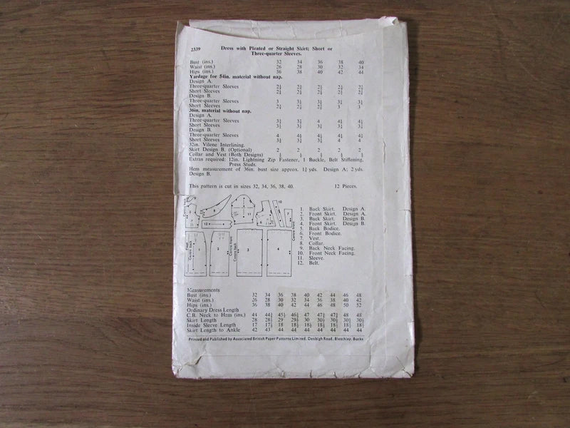 Part cut 1950s le roy 2339 sewing pattern for dress with pleated or straight skirt, size 16 (complete)