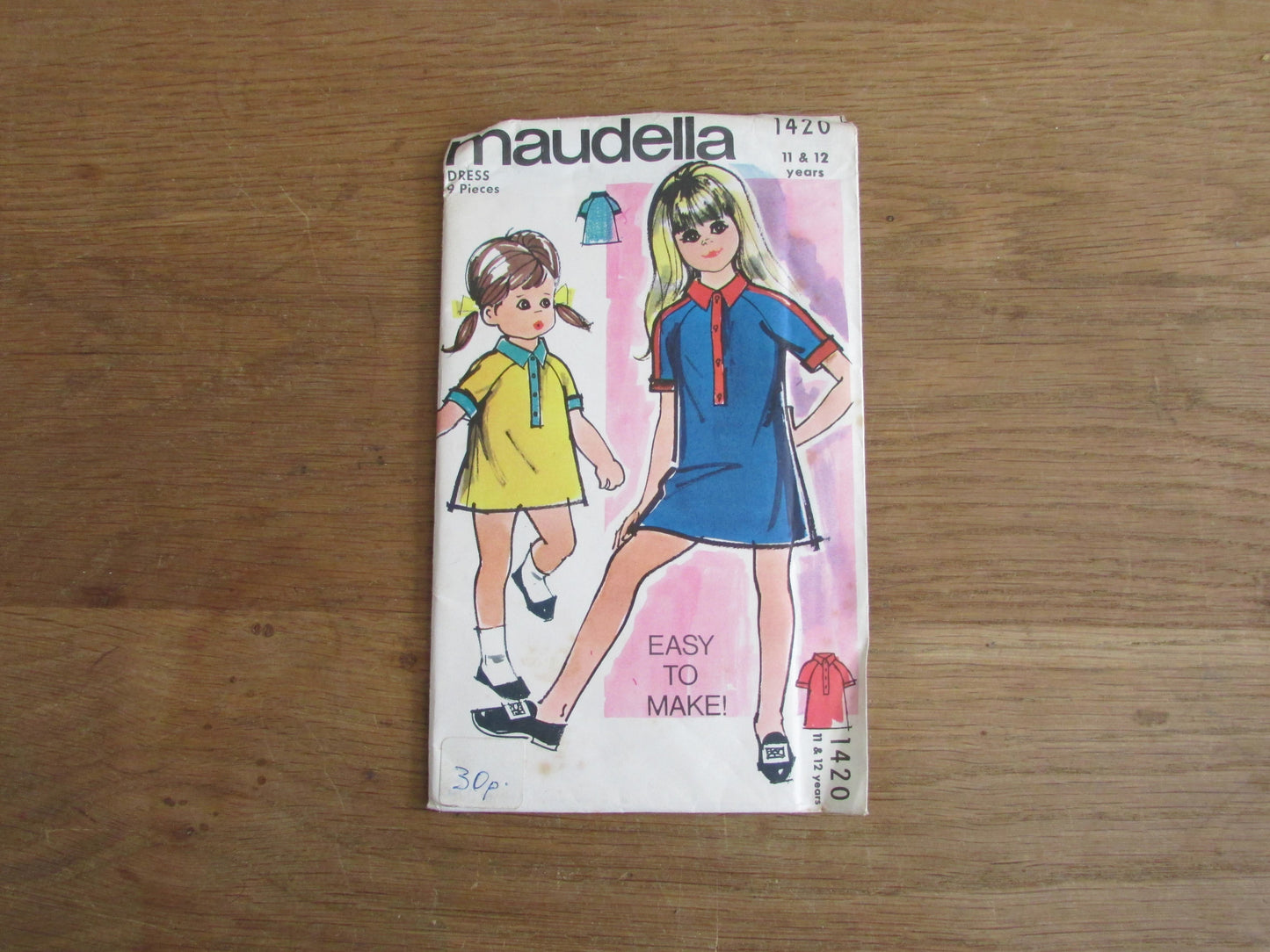 Uncut 1960s Maudella 1420 sewing pattern for girl's dress, age 11 & 12 years (complete)