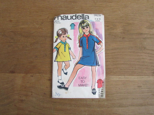 Uncut 1960s Maudella 1420 sewing pattern for girl's dress, age 11 & 12 years (complete)