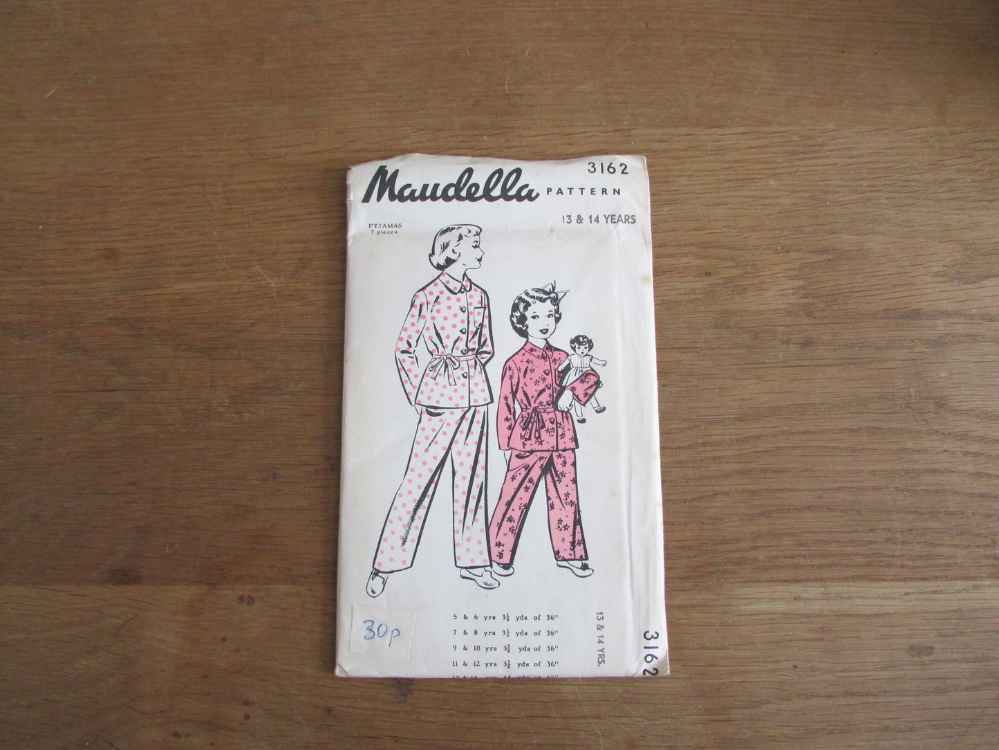Uncut 1950s Maudella 3162 sewing pattern for girl's pyjamas, age 13 & 14 years (complete)