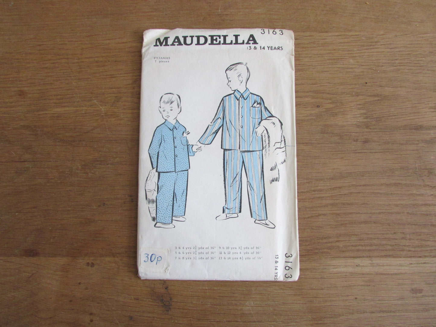 Uncut 1940s/50s Maudella 3163 sewing pattern for boy's pyjamas, size 13 & 14 years (complete)