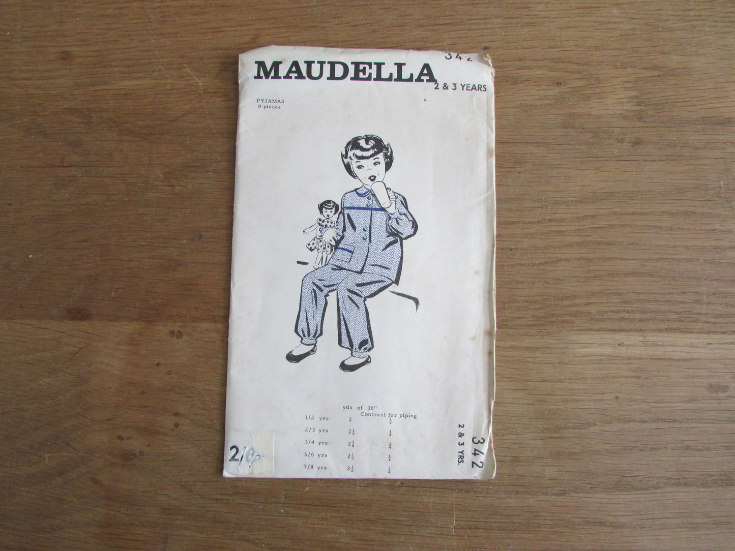 Uncut 1940s Maudella 342 sewing pattern for girl's pyjamas, age 2 & 3 years (complete)