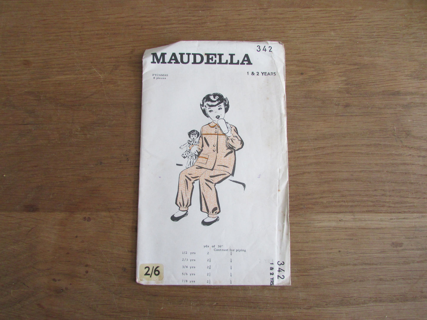 Used 1940s Maudella 342 sewing pattern for girl's pyjamas, age 1 & 2 years (see description below) missing pattern pieces for cuffs only