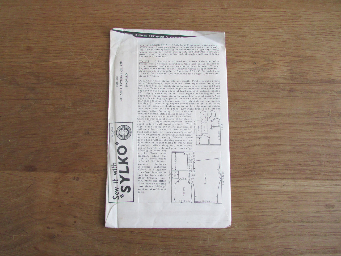 Used 1940s Maudella 342 sewing pattern for girl's pyjamas, age 1 & 2 years (see description below) missing pattern pieces for cuffs only