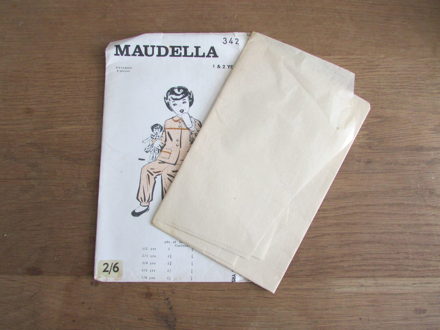 Used 1940s Maudella 342 sewing pattern for girl's pyjamas, age 1 & 2 years (see description below) missing pattern pieces for cuffs only