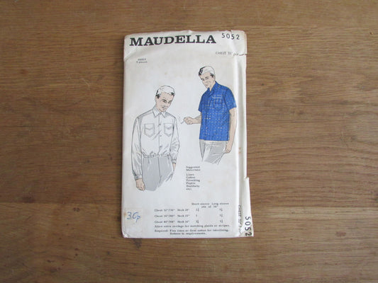 Uncut 1950s Maudella 5052 sewing pattern for men's long or short sleeve shirt, chest 32" - 36" (complete)