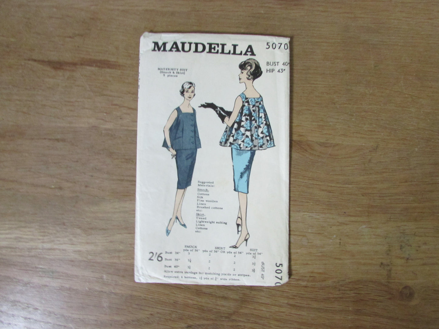 Uncut 1950s Maudella 5070 sewing pattern for maternity suit (smock & skirt), size 18/20 (complete)