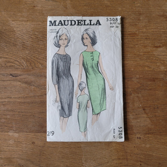 Used 1960s Maudella 5308 sewing pattern for dress with sleeve variations, size 12 (complete)