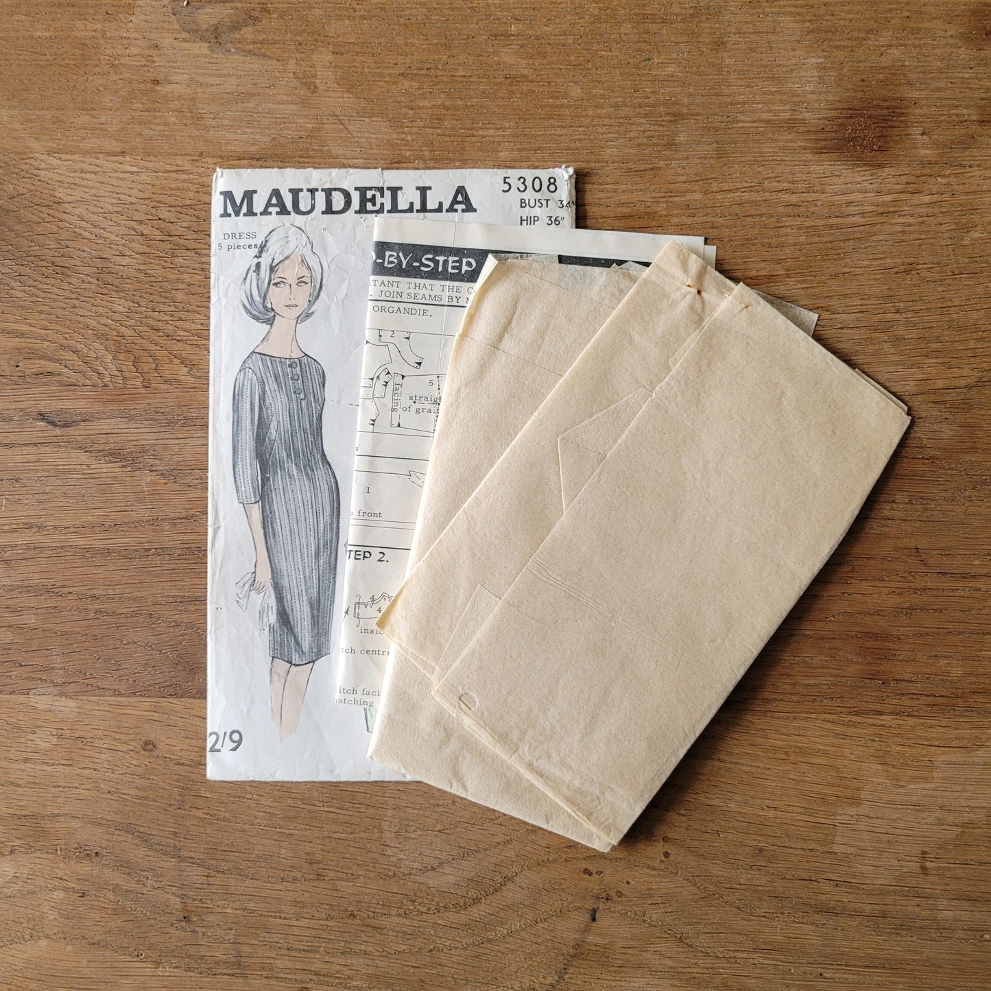 Used 1960s Maudella 5308 sewing pattern for dress with sleeve variations, size 12 (complete)