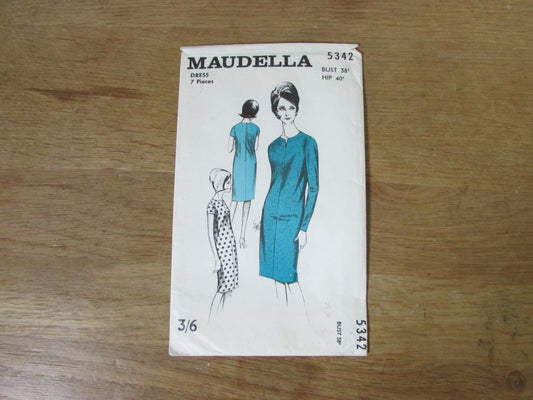 Part cut 1960s Maudella 5342 sewing pattern for long or short-sleeve dress, size 14 (complete)