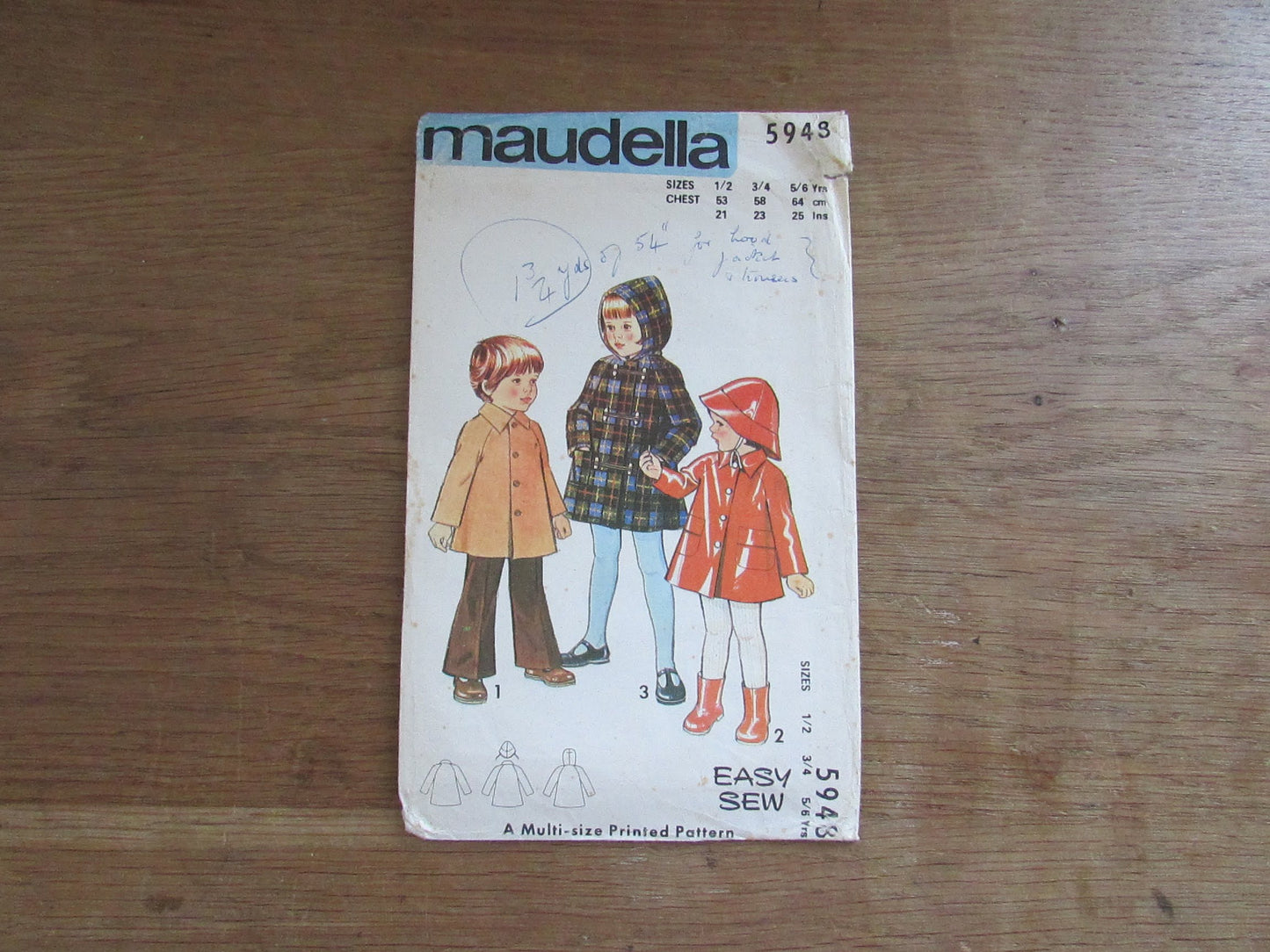 Uncut 1970s Maudella 5948 sewing pattern for child's coat with raglan sleeves & front fastening, sizes 1/2-3/5-5/6 years (complete)