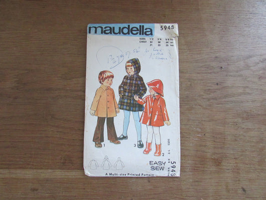 Uncut 1970s Maudella 5948 sewing pattern for child's coat with raglan sleeves & front fastening, sizes 1/2-3/5-5/6 years (complete)