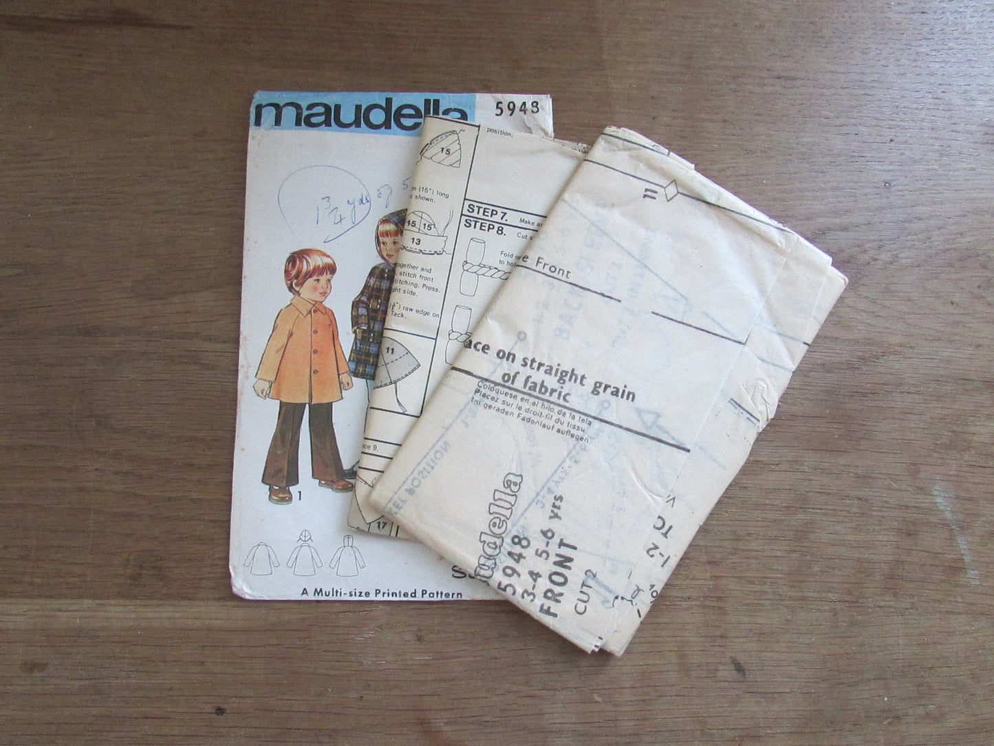 Uncut 1970s Maudella 5948 sewing pattern for child's coat with raglan sleeves & front fastening, sizes 1/2-3/5-5/6 years (complete)