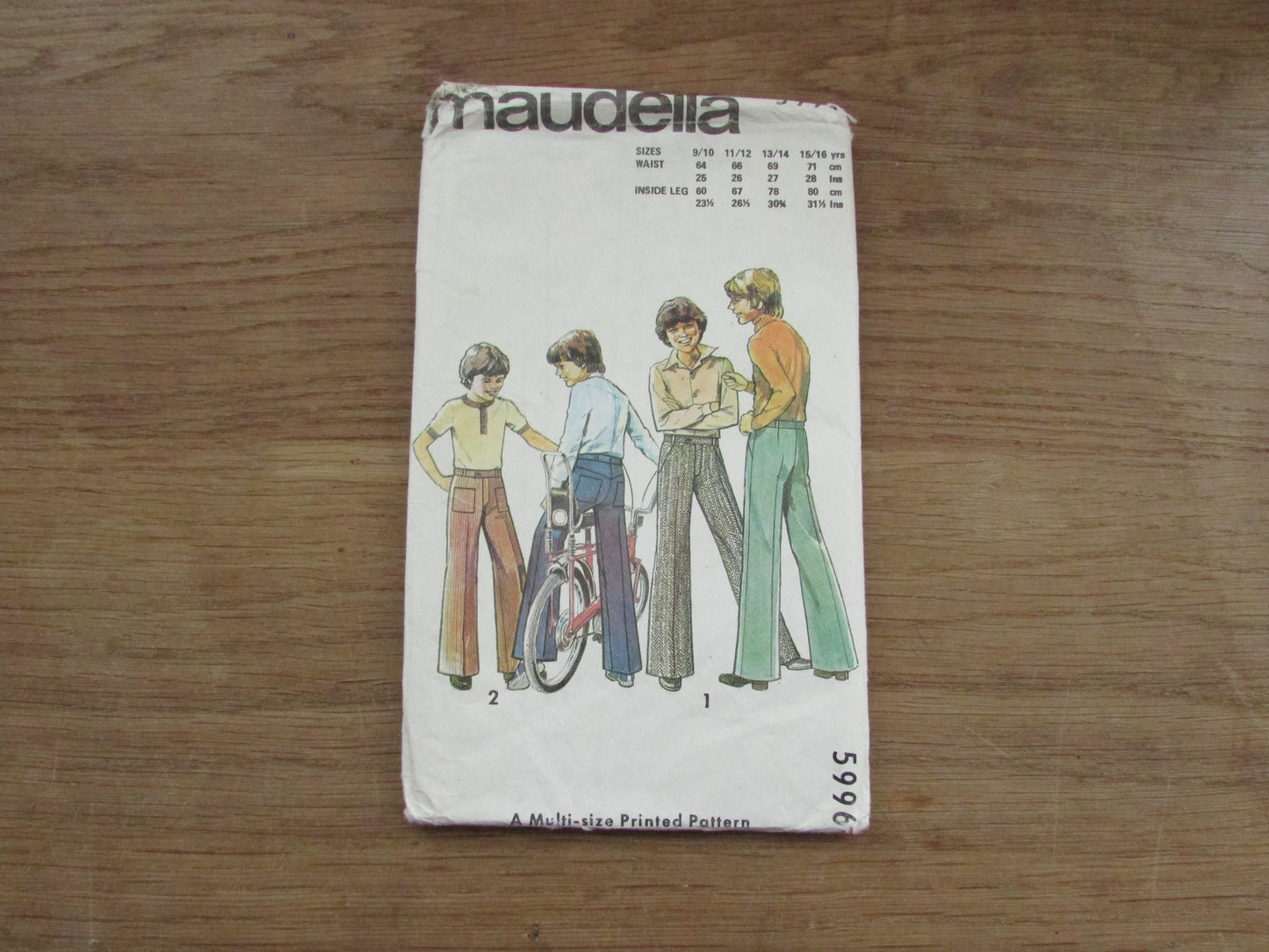 Uncut 1970s Maudella 5996 sewing pattern for boys' & teen boys' trousers, sizes 9/10 to 15/6 years (complete)