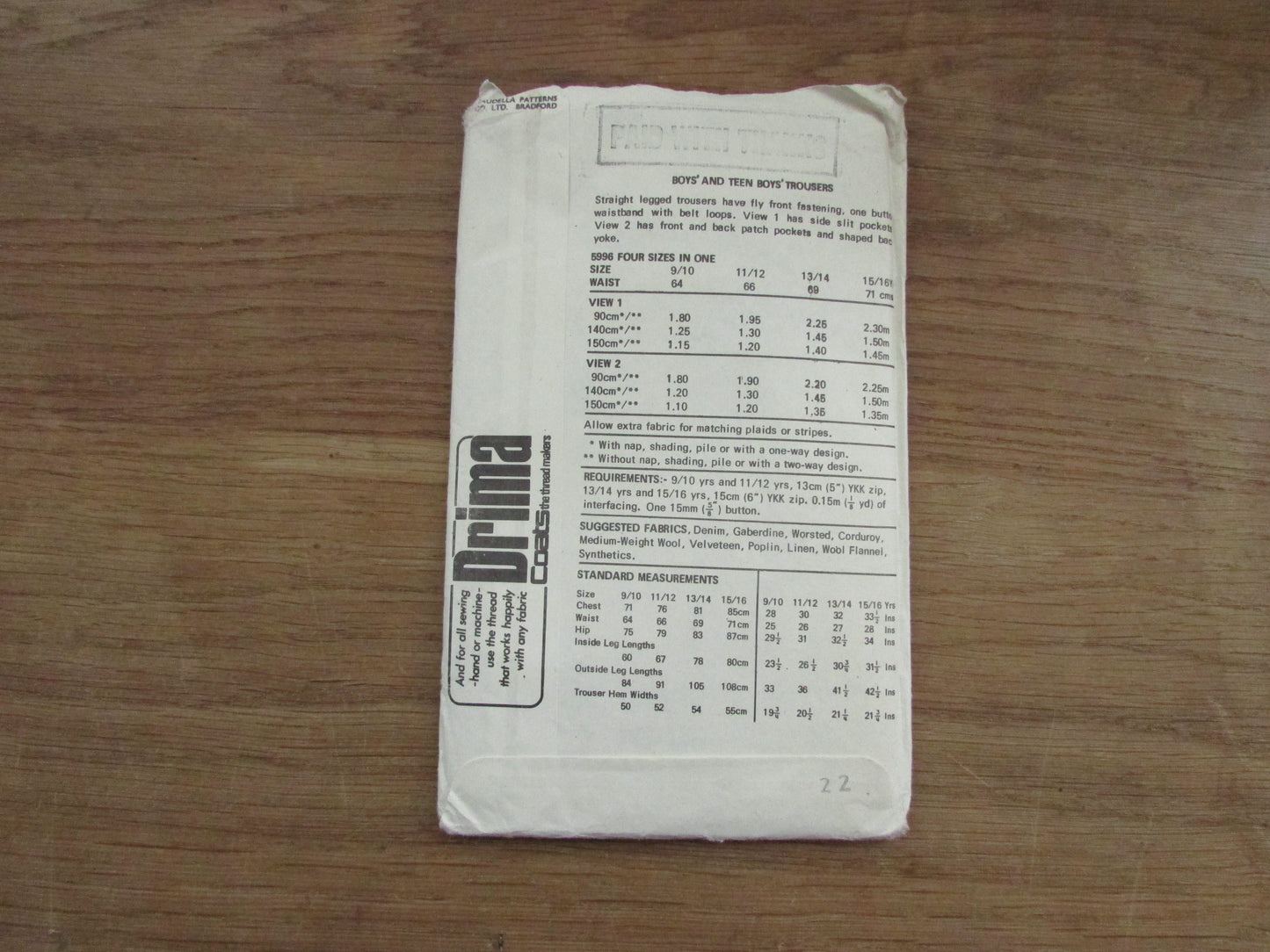 Uncut 1970s Maudella 5996 sewing pattern for boys' & teen boys' trousers, sizes 9/10 to 15/6 years (complete)