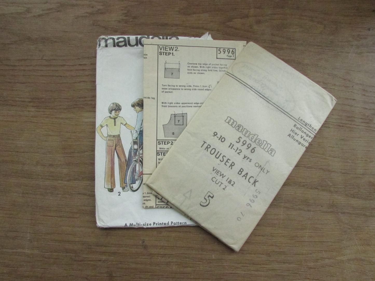 Uncut 1970s Maudella 5996 sewing pattern for boys' & teen boys' trousers, sizes 9/10 to 15/6 years (complete)