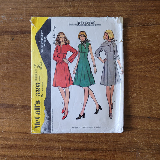 Part cut 1972 McCall's 3393 sewing pattern for misses' dress & scarf, size 12 (complete)