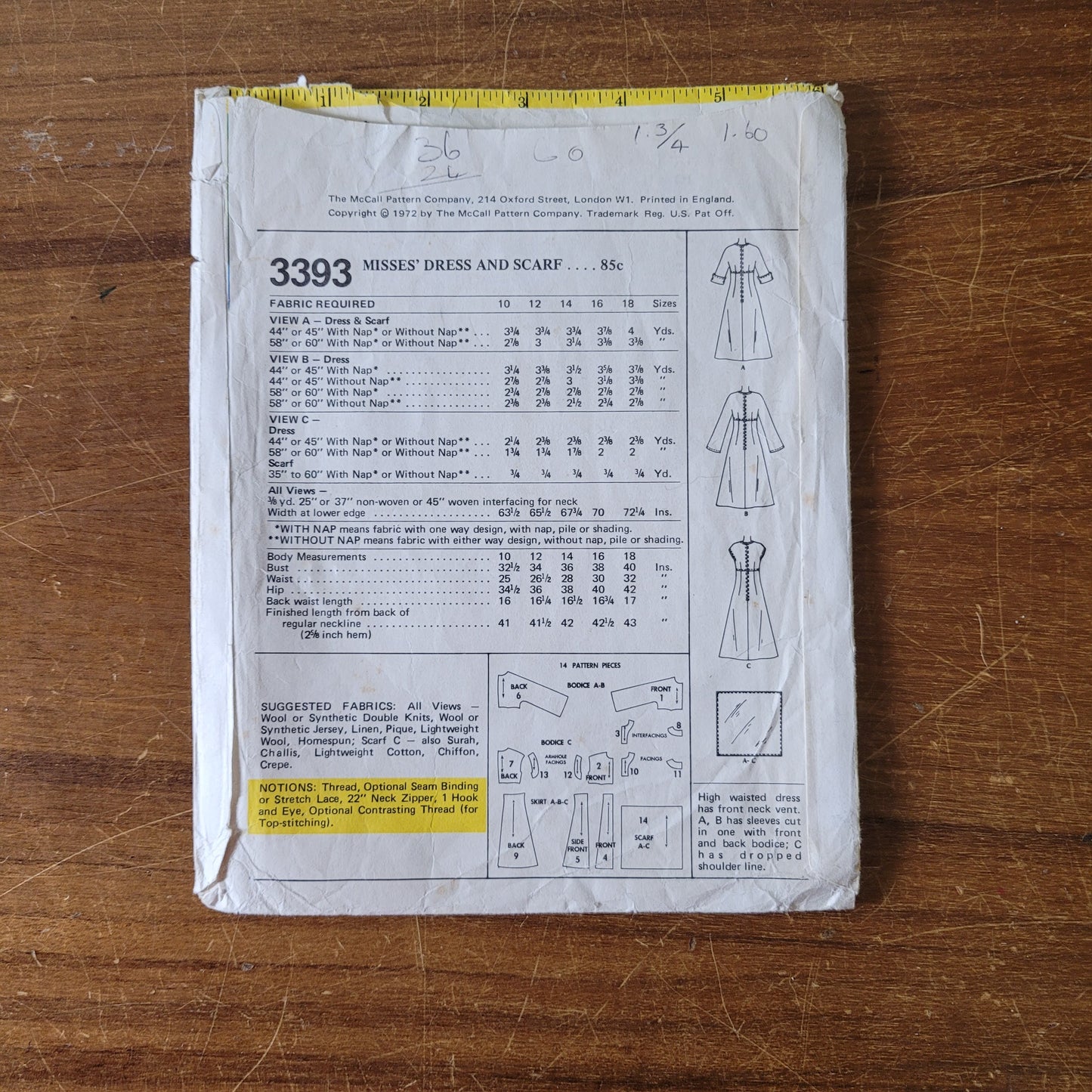 Part cut 1972 McCall's 3393 sewing pattern for misses' dress & scarf, size 12 (complete)