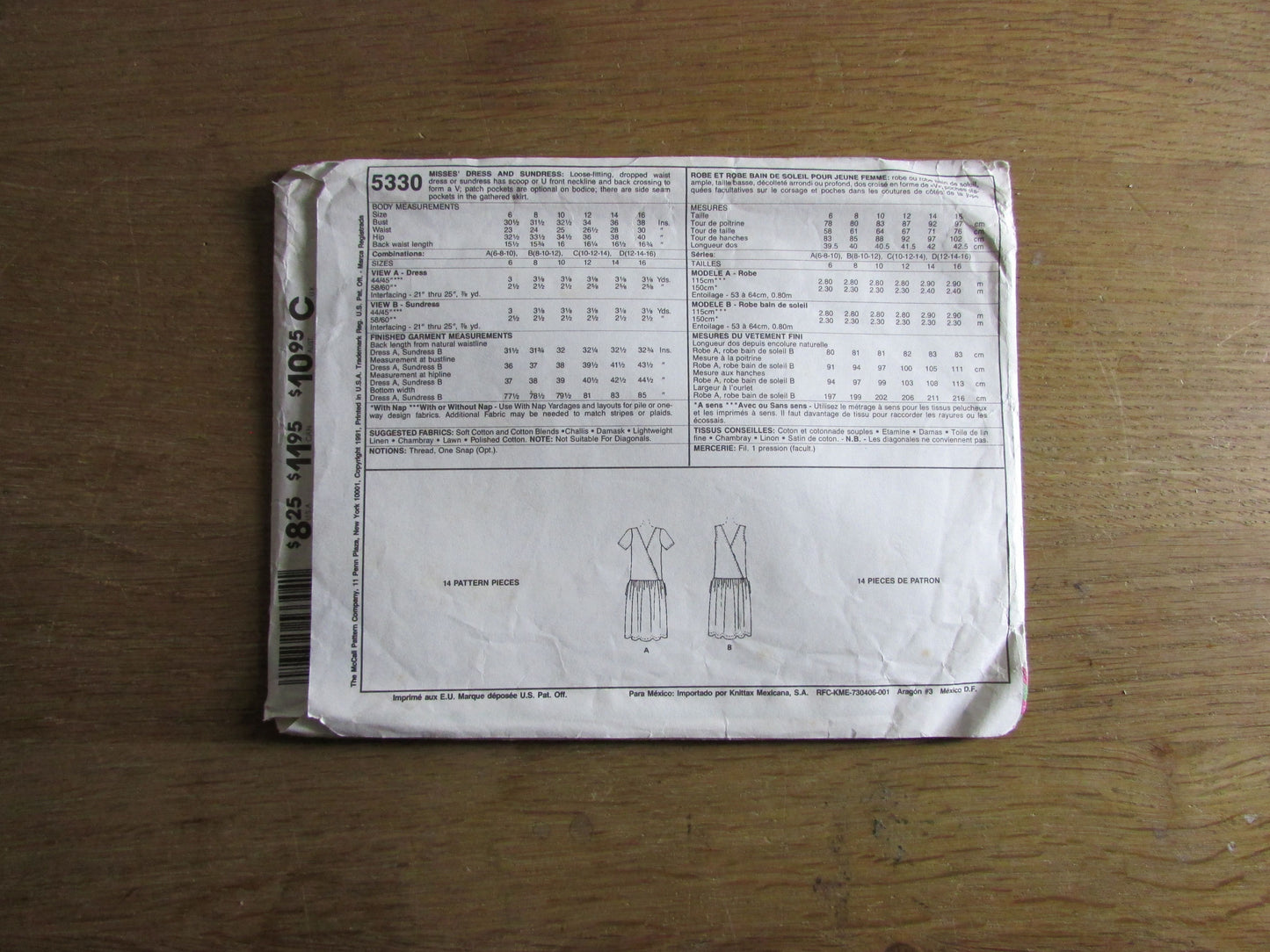 Part cut 1991 McCall's 5330 sewing pattern for misses' dress & sundress, sizes 12 to 16 (part cut to size 16, complete)