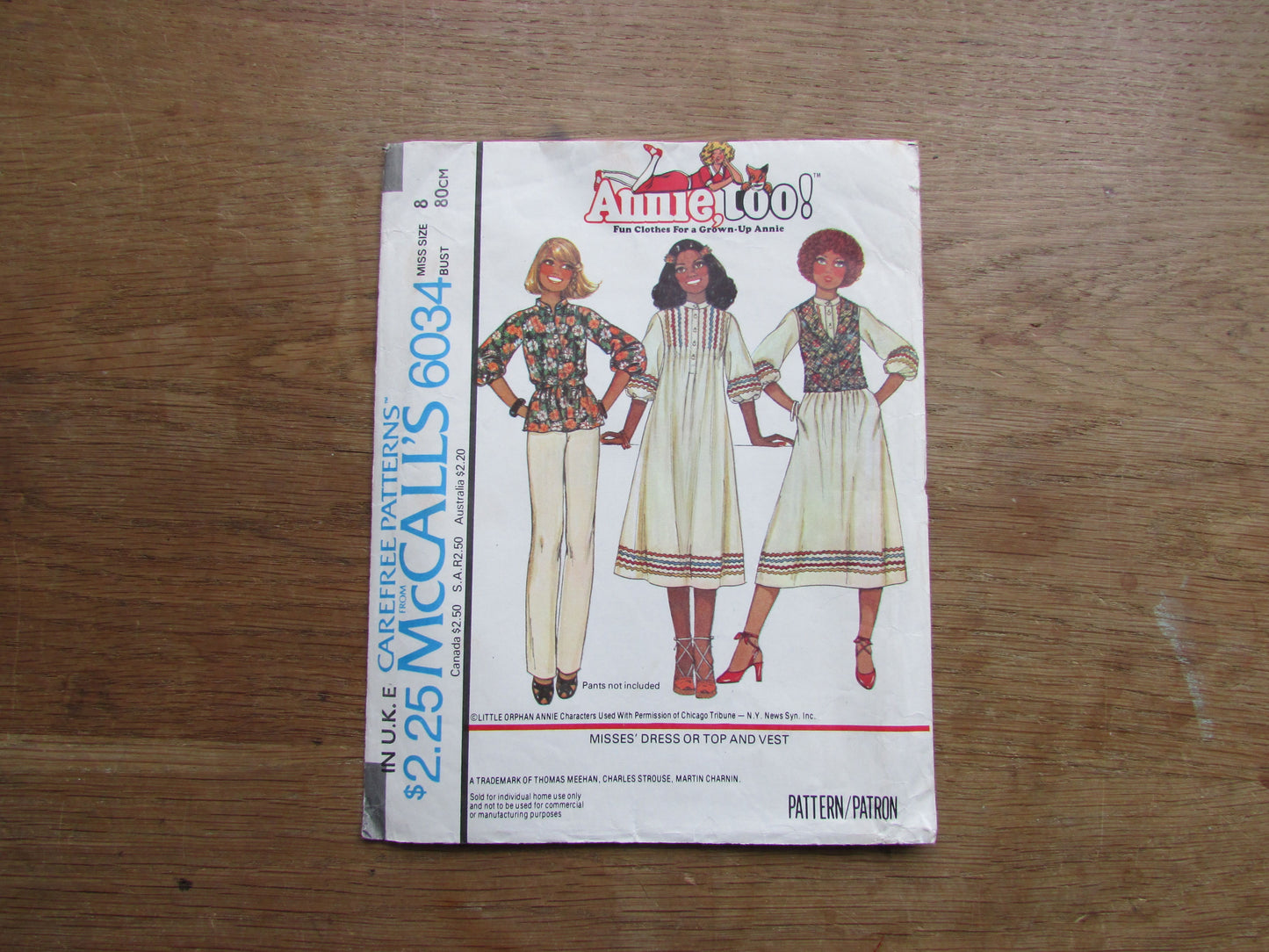 Part cut 1978 McCall's 6034 Annie, Too! sewing pattern for misses' dress or top & vest, size 8 (complete)