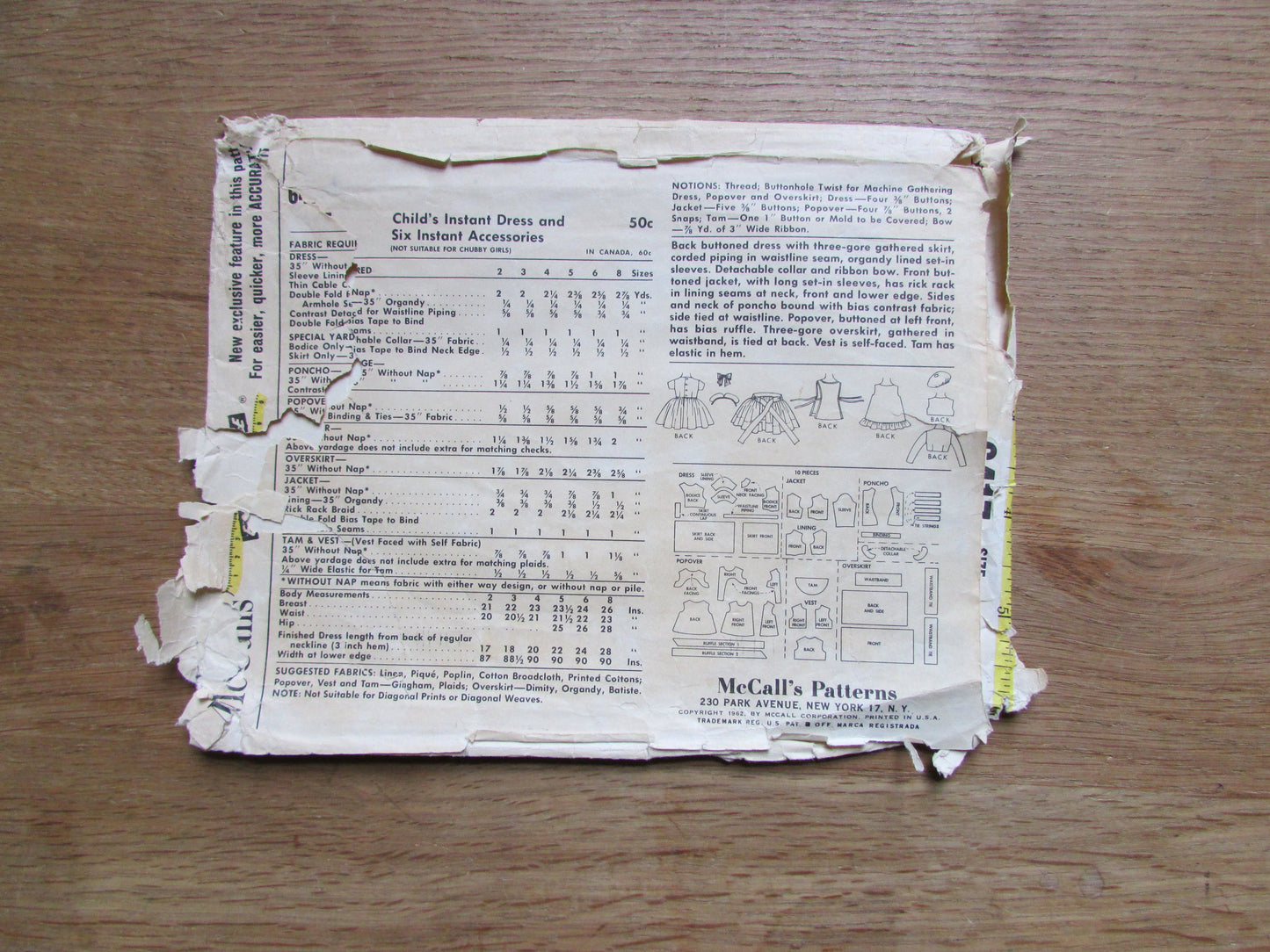 Part cut 1962 McCall's 6417 sewing pattern for child's instant dress & six instant accessories, size 3 (complete)