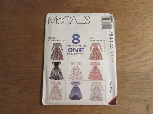 Uncut 1995 McCall's 7541 sewing pattern for children's & girls' dresses, sizes 7-8-10 (complete)