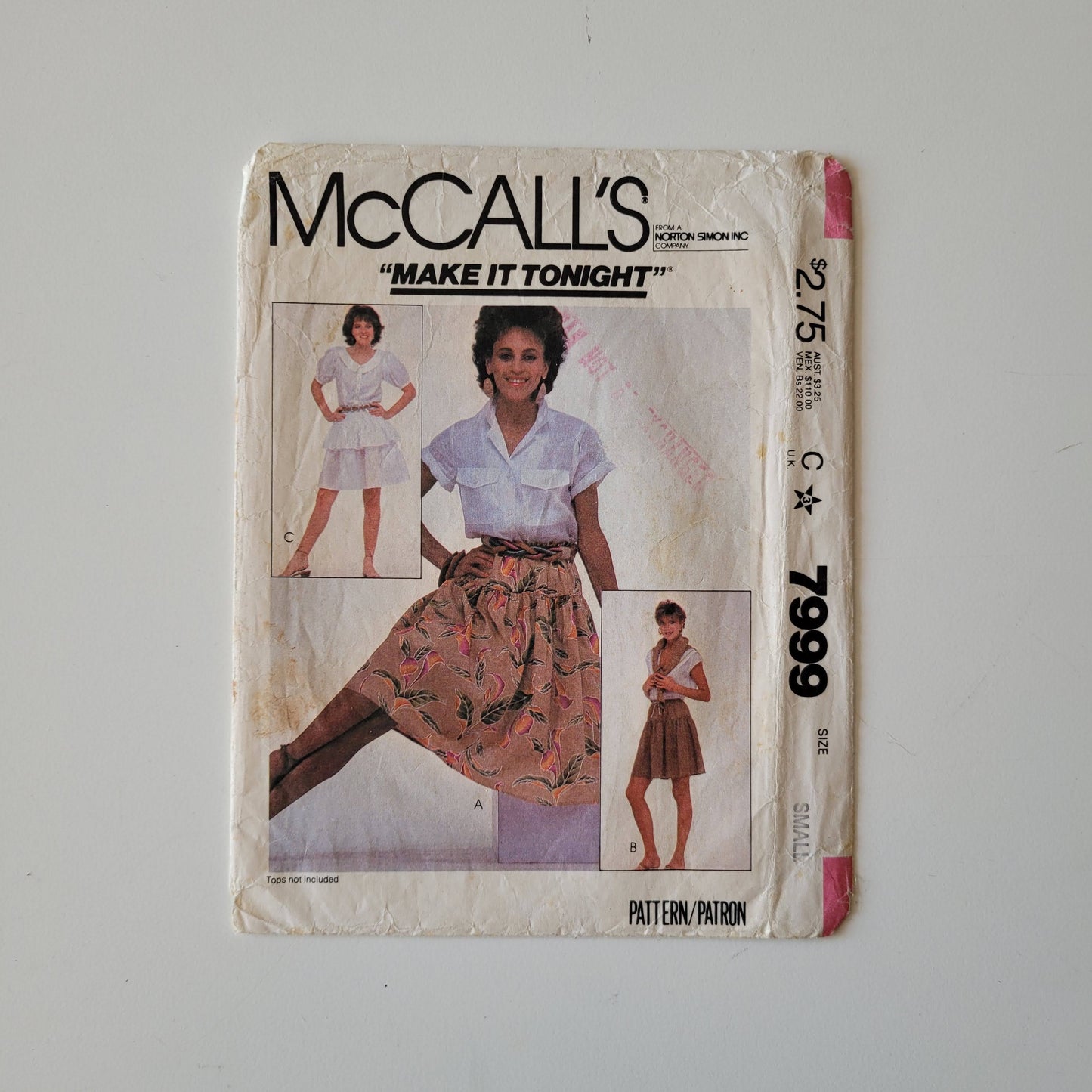 Part cut 1982 McCall's 7999 sewing pattern for misses' & young junior/teen skirts, size S (complete)