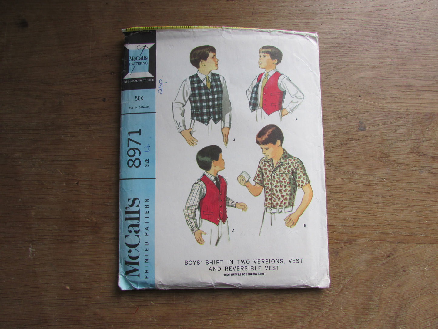 Part cut 1960s McCall's 8971 sewing pattern for boy's shirt in two versions, vest & reversible  vest, size 4 (complete)