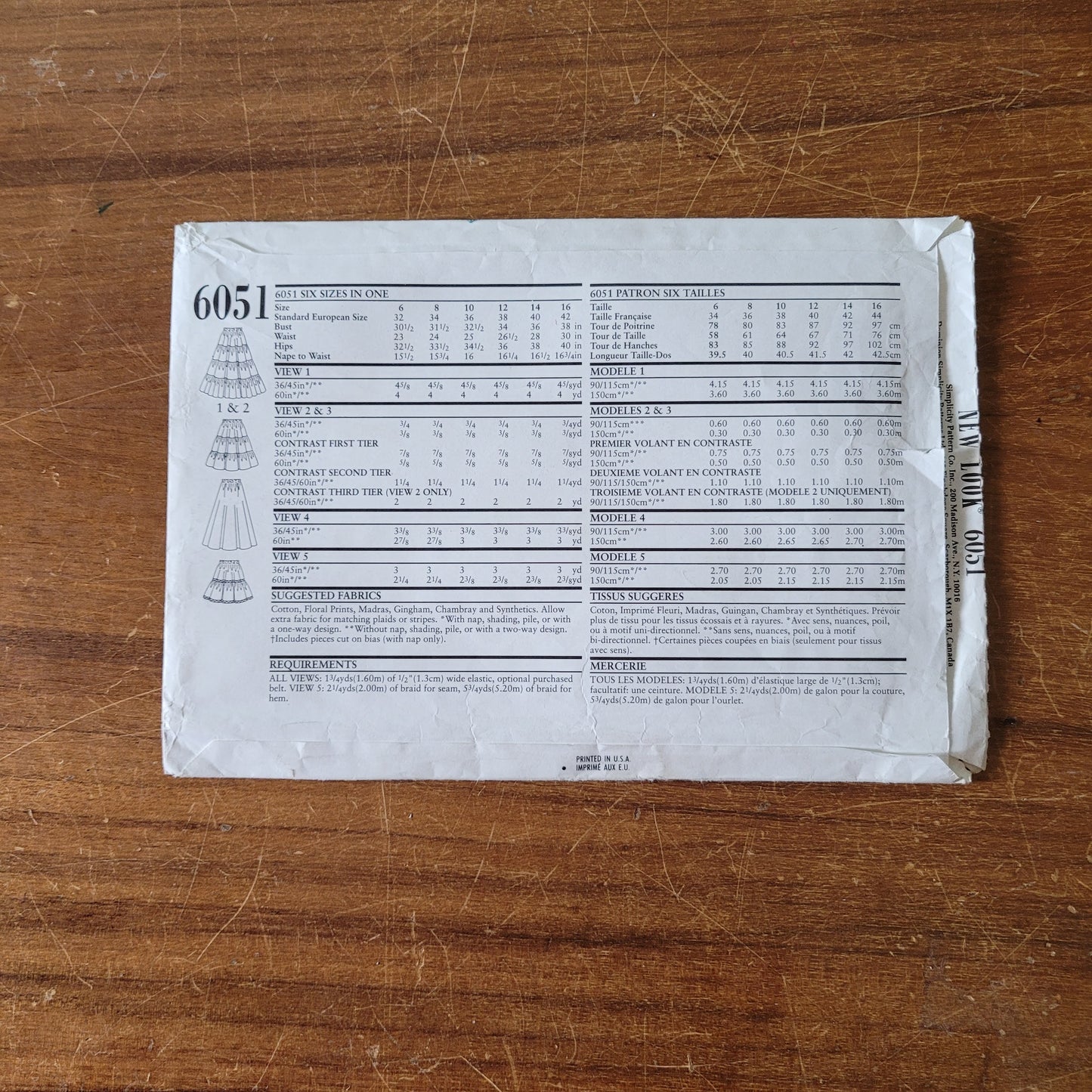 Uncut 1980s New Look 6051 sewing pattern for skirts, sizes 6-16 (complete)