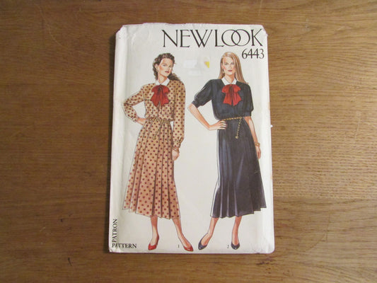 Uncut 1980s New Look 6443 sewing pattern for dress with bow, sizes 8-18 (complete)