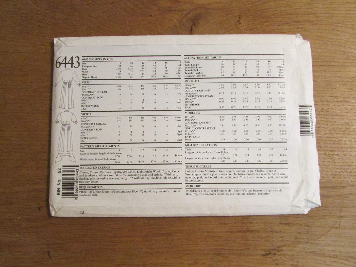 Uncut 1980s New Look 6443 sewing pattern for dress with bow, sizes 8-18 (complete)