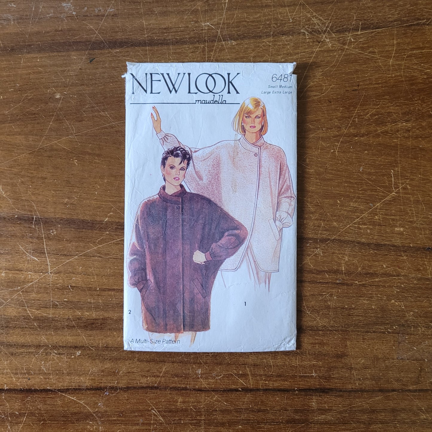 Part cut 1980s New Look Maudella 6481 sewing pattern for 3/4 coat, sizes S/M/L/XL (part cut to size XL, complete)